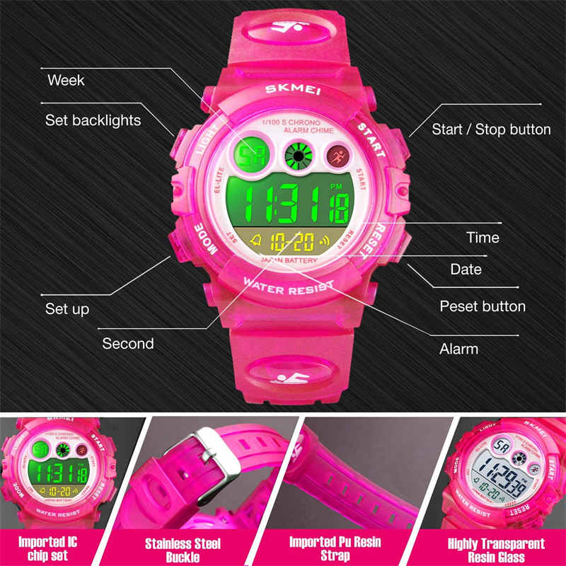 Girls Waterproof Electronic Multi Function Outdoor LED Watches-RoseRed