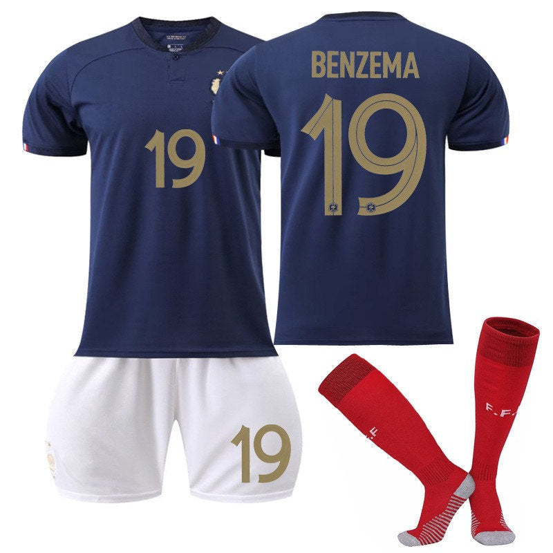 France Home Jersey 2022-23 BENZEMA #19 Soccer JerseyKids Adult 3-Pieces Jersey Kits