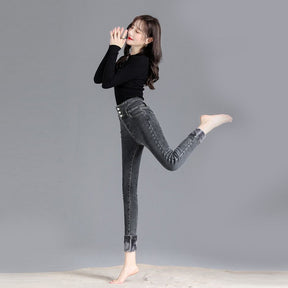 Womens Fleece Jeans Stretch Slim Fit High Waist Denim Pants-Smoke Gray