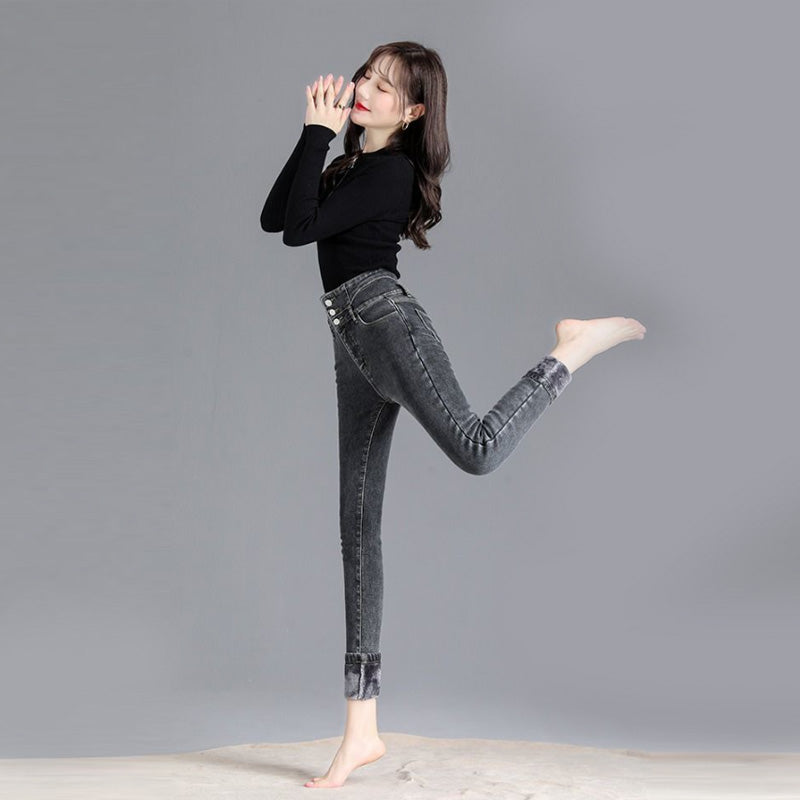 Womens Fleece Jeans Stretch Slim Fit High Waist Denim Pants-Smoke Gray