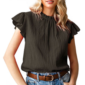 Womens Ruffle Sleeve Blouses Summer Casual Plain Round Neck  Loose Fit Tops-Black