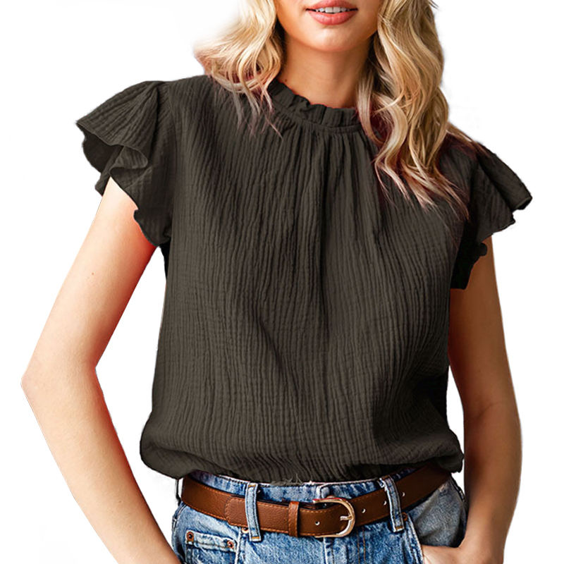 Womens Ruffle Sleeve Blouses Summer Casual Plain Round Neck  Loose Fit Tops-Black