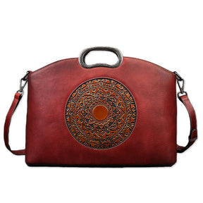 Leather Handbags for Women Vintage Embossing Totem Shoulder Bag-Red