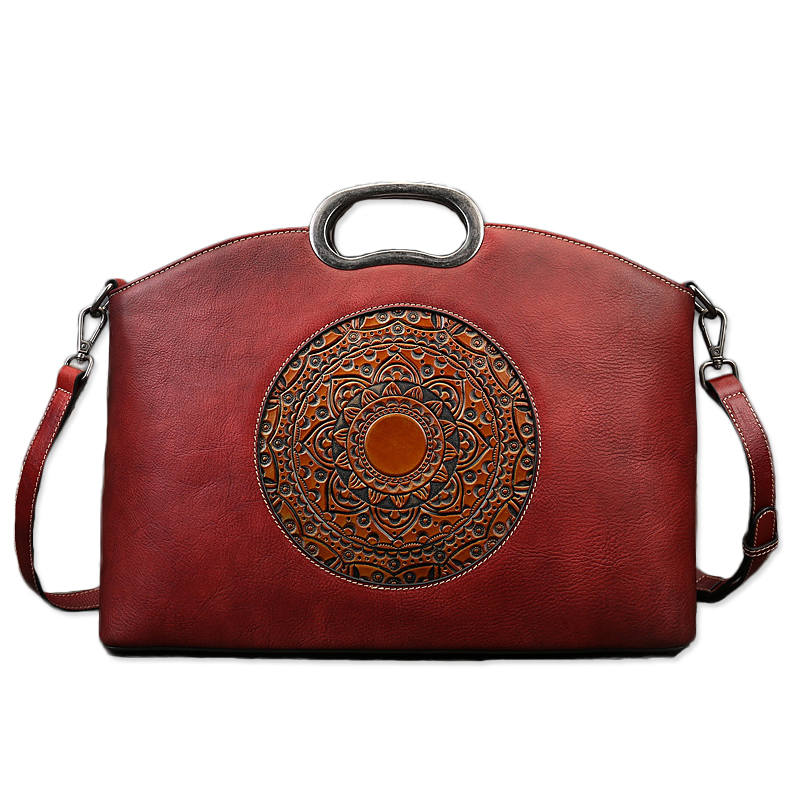 Leather Handbags for Women Vintage Embossing Totem Shoulder Bag-Red