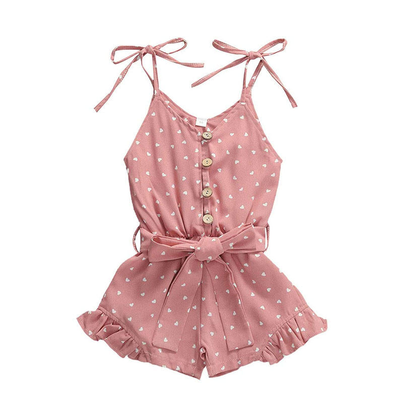 Baby Girl Clothes Self Tie Sleeveless Romper Heart Shape Print Jumpsuit-Pink