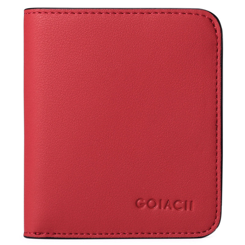 Womens Leather Mini Wallet with ID Card Window Portable Coin Purse-Red