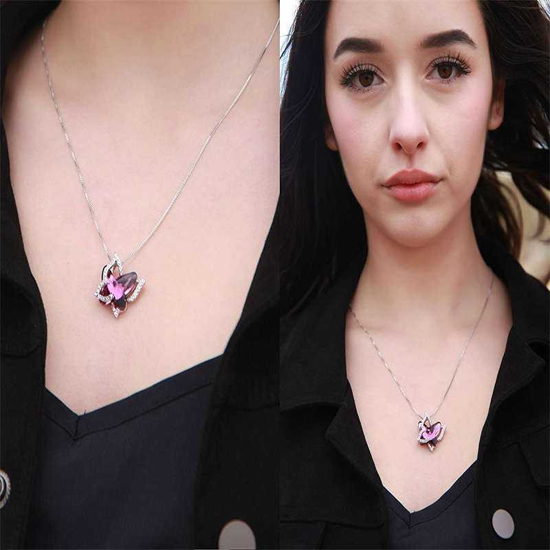 Butterfly Birthstone Crystal Pendant Necklace Gifts for Women Girls-PurpleRed