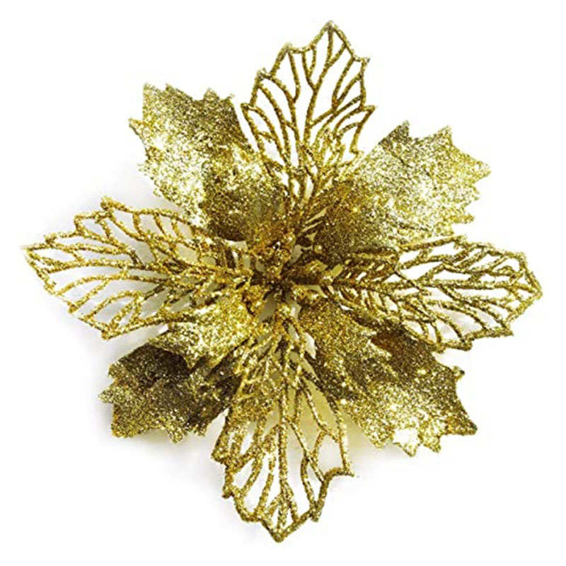 12Pack Glitter Flowers Christmas Tree Decorations and Ornaments-Gold