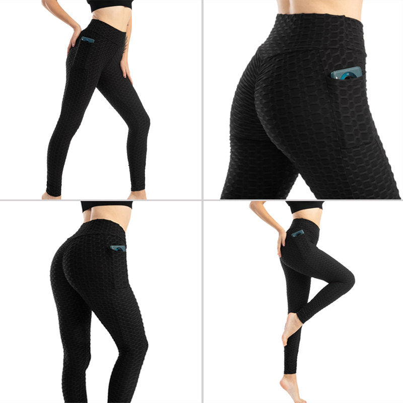 Womens Leggings Ruched Butt Lifting Stretchy Tights with Pockets-Black