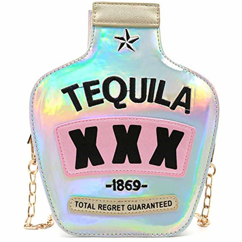 Tequila Bottle Shaped Laser Shoulder Handbags PU Crossbody Purse for Women-Sliver