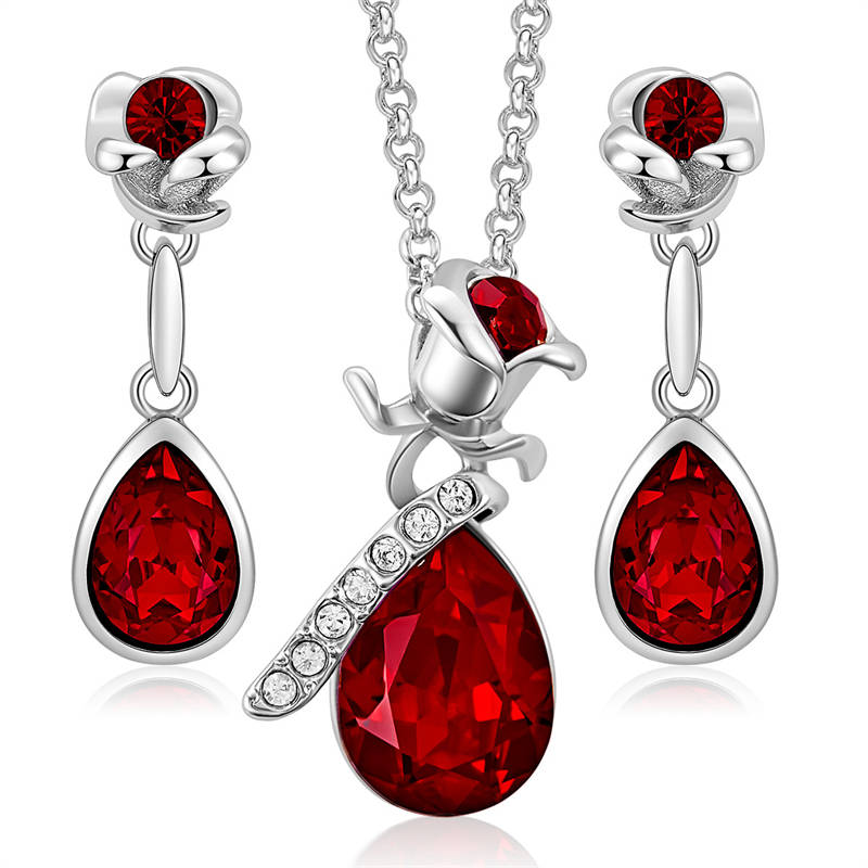 Rose Crystal Necklace and Earrings Set for Mom Wife-SilverRed