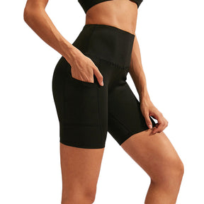 Women Yoga Shorts With Pocket High Waist Fitness Running Leggings Sports Quick Drying Tight Pants 2048-Black