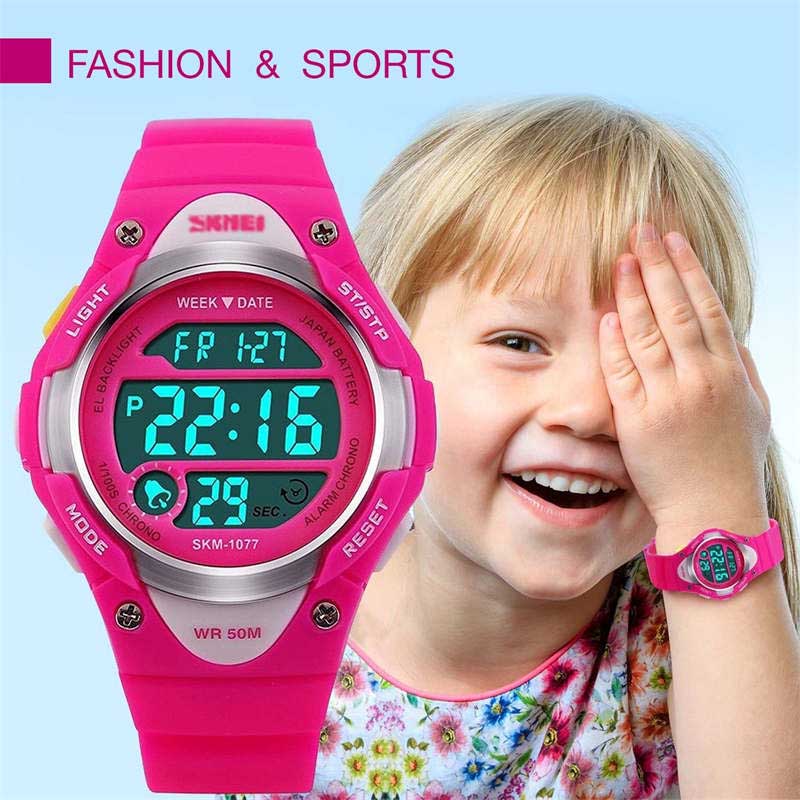 Kid Sport Outdoor Waterproof Electronic Watches with LED Light-RoseRed