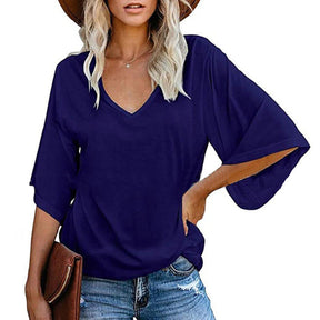 Womens Solid Color Simple V Neck Mid Sleeve T-Shirt-Blue