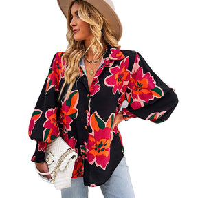 Printed Blouses for Women Button Down Long Sleeve Shirts Loose Fit Tops-Red