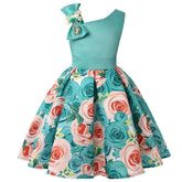 Oblique Shoulder Childrens Dress Rose Print Dress Girls Evening Party Costume-Light Green