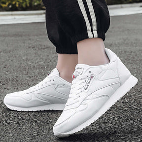 Couples Leather Sneakers Lace up Lightweight Cushioned Sport Shoes-White