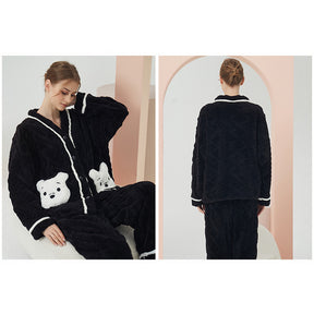 Womens V Neck Buttons Cardigan Pajamas Set-White Bear