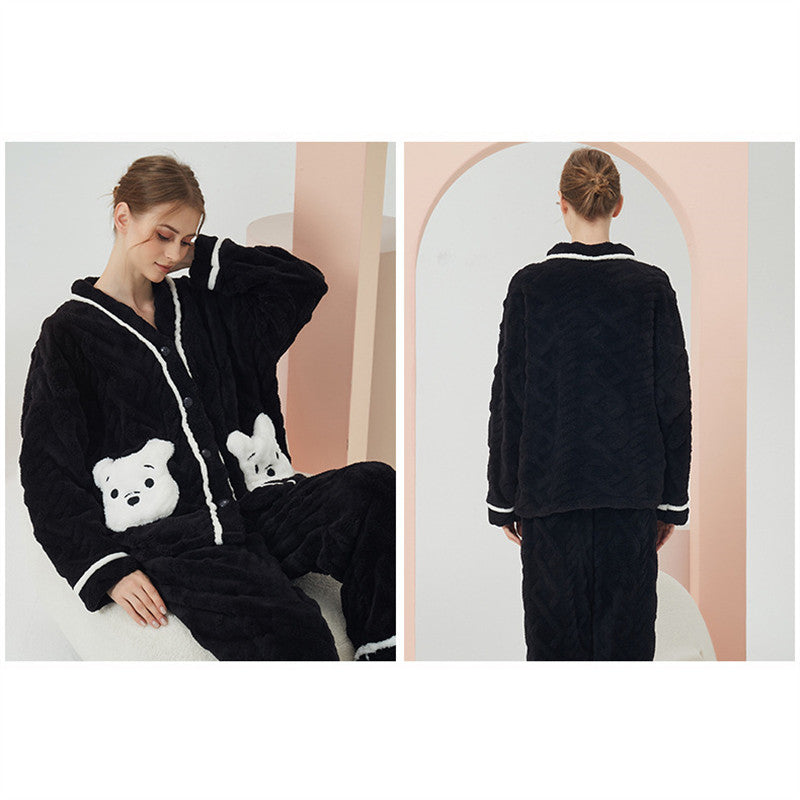 Womens V Neck Buttons Cardigan Pajamas Set-White Bear
