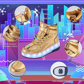 Kids Light Up Roller Skate Shoes High Top Sneakers Double Wheels-Golden