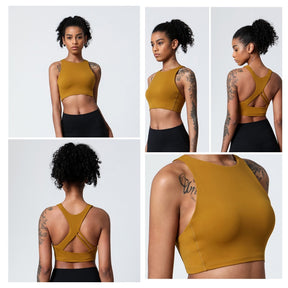 Criss-Cross Back Sports Bra Medium-High Support Workout Tops-Yellow
