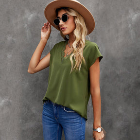 Womens Lace V Neck Blouse Solid Color Summer Lightweight Casual Chiffon Shirt-Green