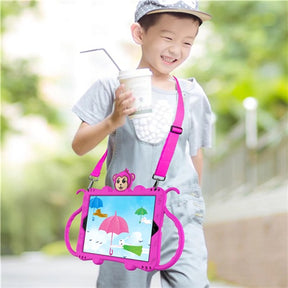 Monkey iPad Case Cartoon Kids Safe Cover Bulit-in Kickstand+Neck Strap Pencil Holder For iPad Air1/2 iPad2017/2018 iPad Pro 9.7inch-Hot Pink