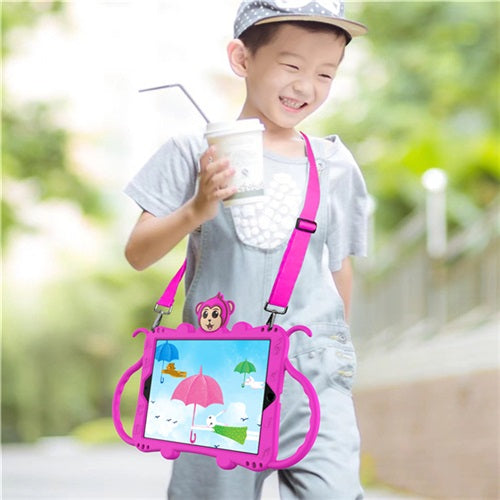 Monkey iPad Case+Neck Strap Cartoon Kids Anti-fall Protective Cover For Samsung Galaxy Tab A 10.1inch£¨2019£©T510/T515-Hot Pink