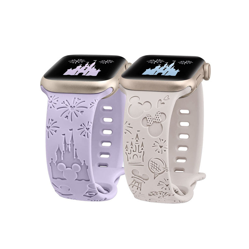 2 Pcs Cartoon Engraved Bands Silicone Castle Pattern for Apple Watch-8