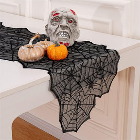 5 Pack Halloween Decorations Tablecloth Set Black Lace Table Runner Round Spider Cobweb with 16pcs Scary Bat