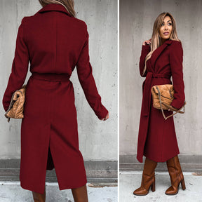 Womens Trench Coats Lapel with Tie Belt Fashion Winter Long Outwear-Wine Red