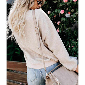 Womens Plush Sweater Casual Round Neck Sweatshirt Pullover-OffWhite