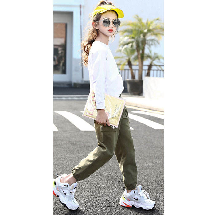 Girls Joggers Long Pants Pockets Outdoor Casual Trousers Iron Ring-ArmyGreen
