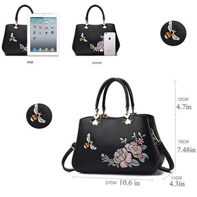 Women Satchel Bags Crossbody Embroidery Handbags-Black