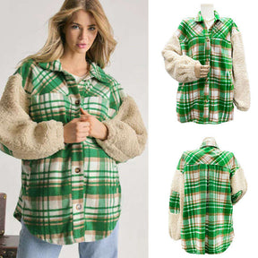 Womens Plaid Jacket Sherpa Patchwork Thickened Oversized Coat-Green