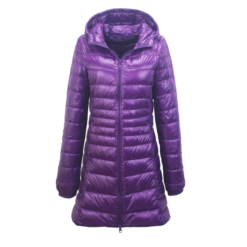 Womens Lightweight Puffer Jacket Hooded Winter Mid Length Coat-Purple