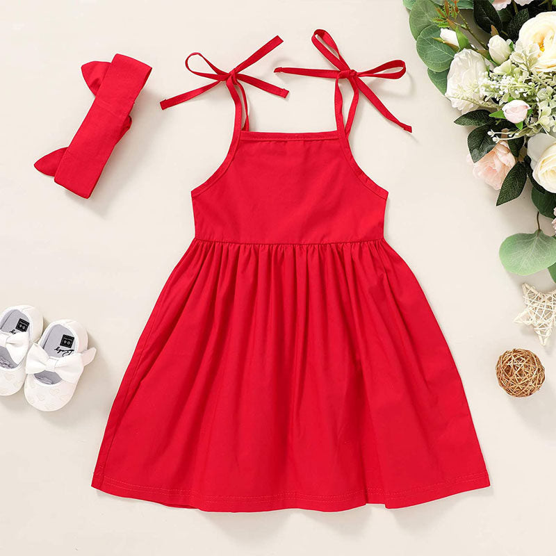 Toddler Baby Girls Summer Strap Button Dress Princess Sundress With Headband-Red