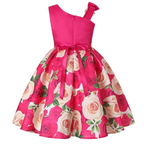 Oblique Shoulder Childrens Dress Rose Print Dress Girls Evening Party Costume-Rose Red