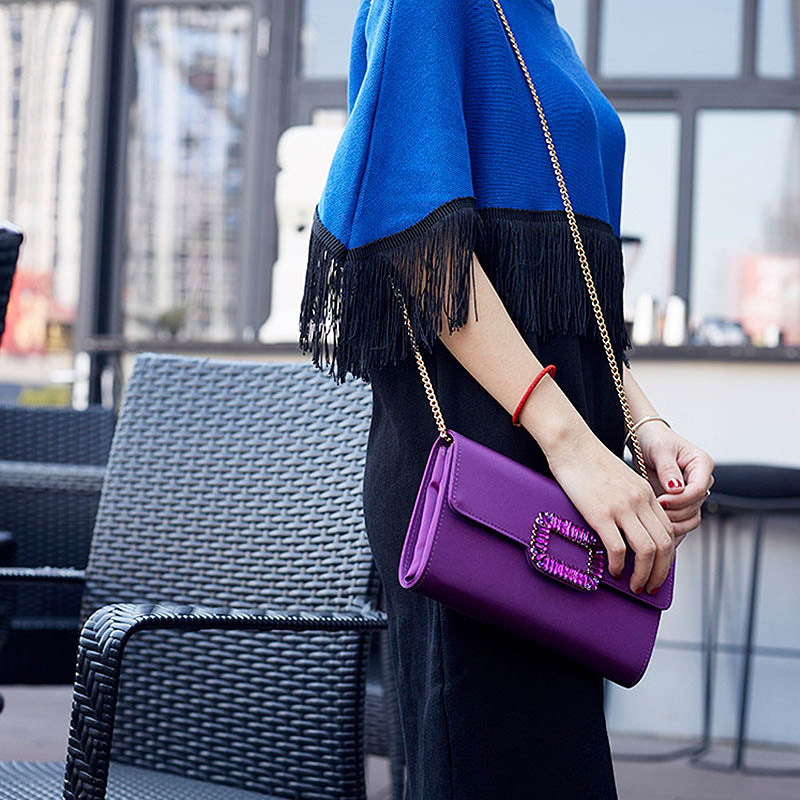 Womens Fashion Square Buckle Design Evening Bag with Chain Strap-Purple
