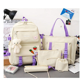 5Pcs Kawaii Backpack Set with Pendants Pins for School Teens-Beige