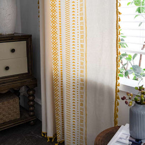 2 Panels Cotton Linen Semi Blackout Grommet Curtains with Tassels-3Yellow