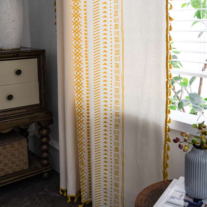 2 Panels Cotton Linen Semi Blackout Grommet Curtains with Tassels-3Yellow