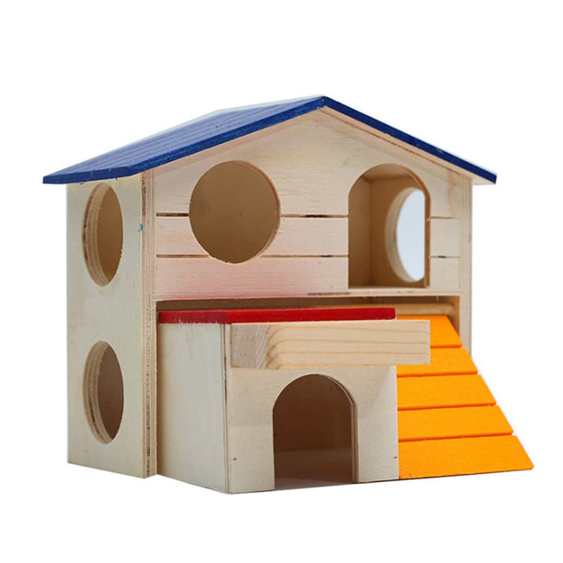 Pet Small Animal Hideout Hamster House Deluxe Two Layers Wooden Hut Play Toys