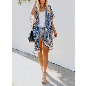 Women Print Kimono Tassel Casual Cardigan V Neck Loose Swimsuit Cover Up Beachwear-Blue