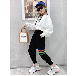 Girls Joggers Long Pants Pockets Outdoor Casual Trousers Rainbow-Black