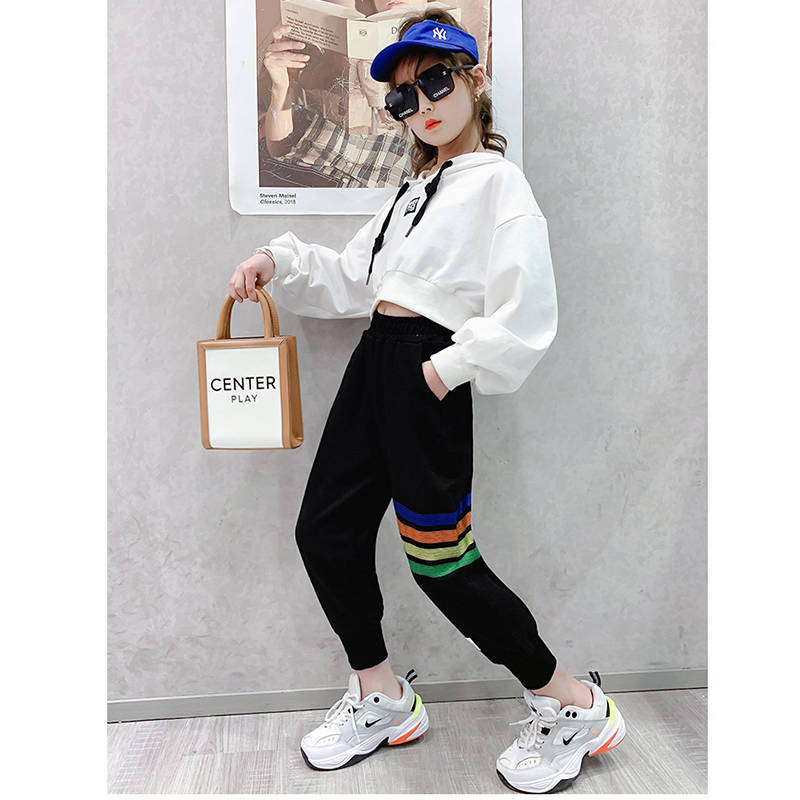 Girls Joggers Long Pants Pockets Outdoor Casual Trousers Rainbow-Black