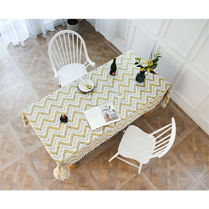 Tassel Cotton Linen Tablecloths Star Stripes Wave Dustproof Table Cover for Kitchen Dinning Room Party-Yellow