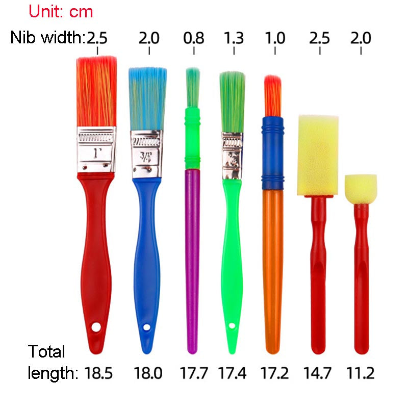7 Pcs Kids Nylon Color Handle Paint Brushes and Sponge Tool Set