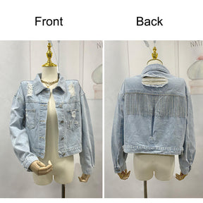 Womens Denim Jacket with Fringe Rhinestones Crop Casual Coat-LightBlue