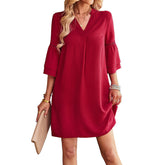 Womens Casual V Neck Dress 3/4 Sleeves Solid Color Loose Summer Dresses-Wine Red